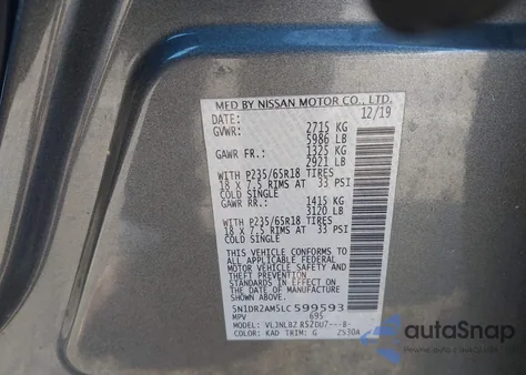 2020 Nissan Pathfinder S 4Wd из США, поврежденный, VIN 5N1DR2AM5LC599593